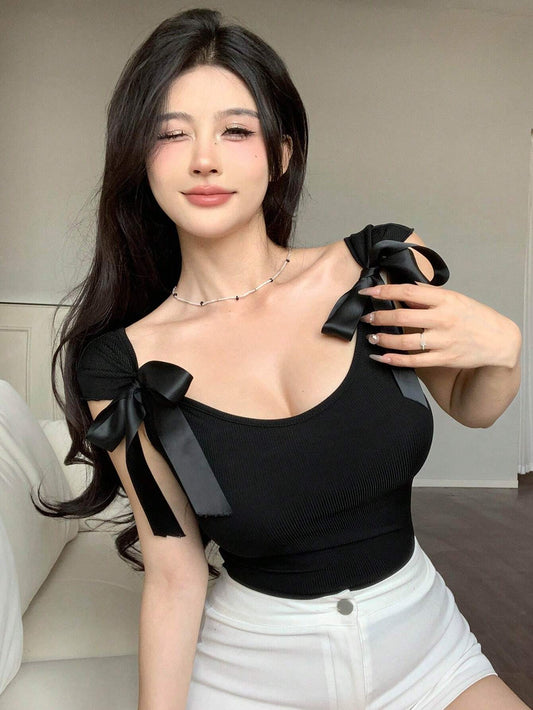 Backless Bow-Tie Lace Up Short Sleeve Women's Slim Fit T-Shirt