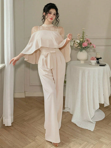 Joudiya Women's Elegant Lace Splice Ruffle Hem Blouse And Wide Leg Pants Set