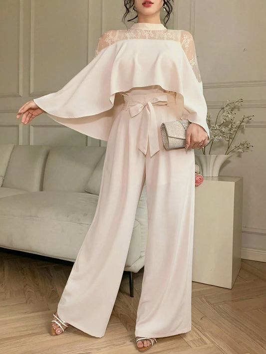 Joudiya Women's Elegant Lace Splice Ruffle Hem Blouse And Wide Leg Pants Set