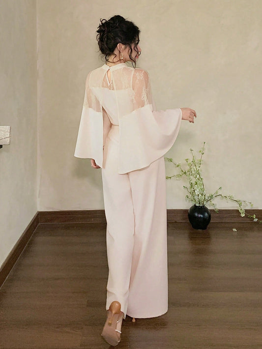 Joudiya Women's Elegant Lace Splice Ruffle Hem Blouse And Wide Leg Pants Set