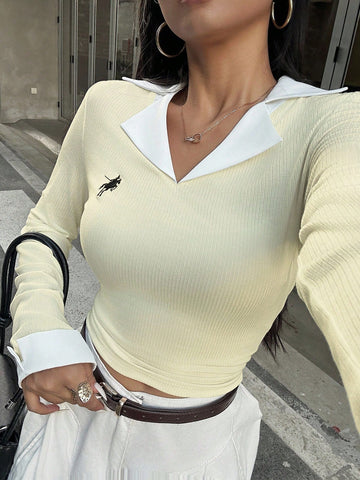 Casual Colorblock Lapel Long Sleeve Top
