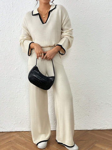 Women Casual Dropped Shoulder Loose V-Neck Contrast Binding Sweater And Loose Wide Leg Knit Pants