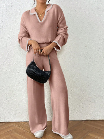 Women Casual Dropped Shoulder Loose V-Neck Contrast Binding Sweater And Loose Wide Leg Knit Pants