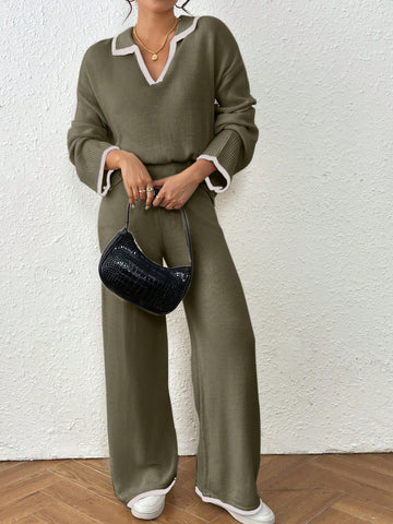 Women Casual Dropped Shoulder Loose V-Neck Contrast Binding Sweater And Loose Wide Leg Knit Pants
