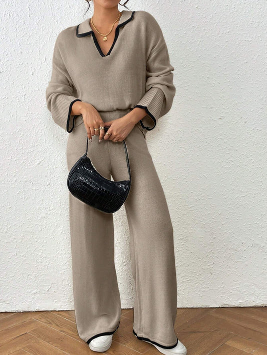 Women Casual Dropped Shoulder Loose V-Neck Contrast Binding Sweater And Loose Wide Leg Knit Pants