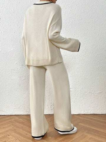 Women Casual Dropped Shoulder Loose V-Neck Contrast Binding Sweater And Loose Wide Leg Knit Pants