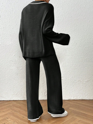 Women Casual Dropped Shoulder Loose V-Neck Contrast Binding Sweater And Loose Wide Leg Knit Pants