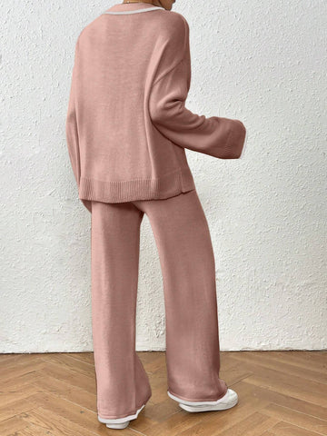 Women Casual Dropped Shoulder Loose V-Neck Contrast Binding Sweater And Loose Wide Leg Knit Pants