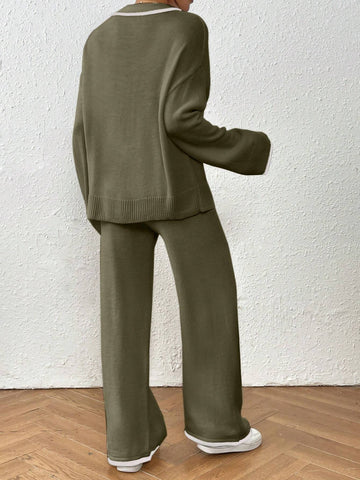 Women Casual Dropped Shoulder Loose V-Neck Contrast Binding Sweater And Loose Wide Leg Knit Pants