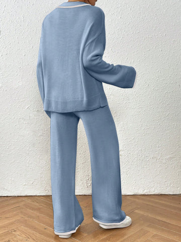 Women Casual Dropped Shoulder Loose V-Neck Contrast Binding Sweater And Loose Wide Leg Knit Pants