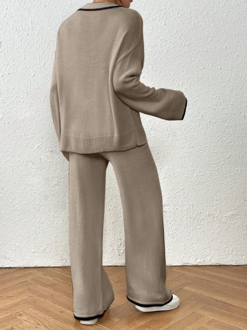 Women Casual Dropped Shoulder Loose V-Neck Contrast Binding Sweater And Loose Wide Leg Knit Pants