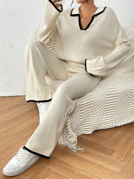 Women Casual Dropped Shoulder Loose V-Neck Contrast Binding Sweater And Loose Wide Leg Knit Pants