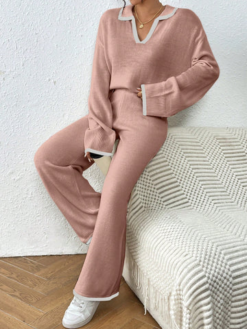 Women Casual Dropped Shoulder Loose V-Neck Contrast Binding Sweater And Loose Wide Leg Knit Pants