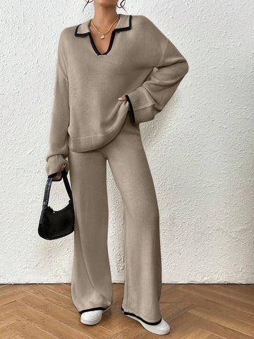 Women Casual Dropped Shoulder Loose V-Neck Contrast Binding Sweater And Loose Wide Leg Knit Pants