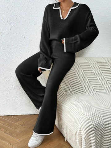 Women Casual Dropped Shoulder Loose V-Neck Contrast Binding Sweater And Loose Wide Leg Knit Pants