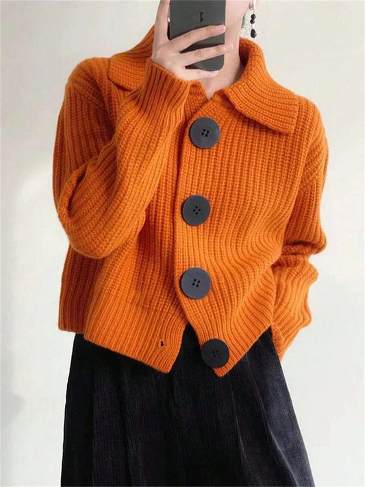 Knitted Cardigan Sweater With Collar And Buttons