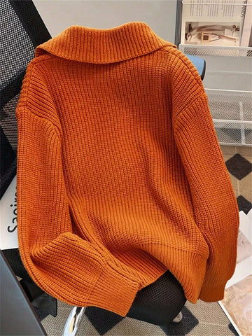 Knitted Cardigan Sweater With Collar And Buttons