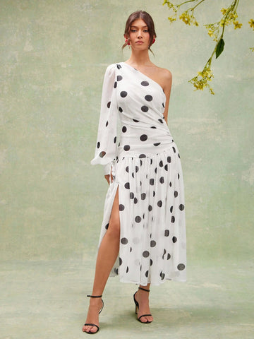 L'Amorae Elegant Polka Dot One Shoulder Long Sleeve Drop Waist Flowy Maxi Dress