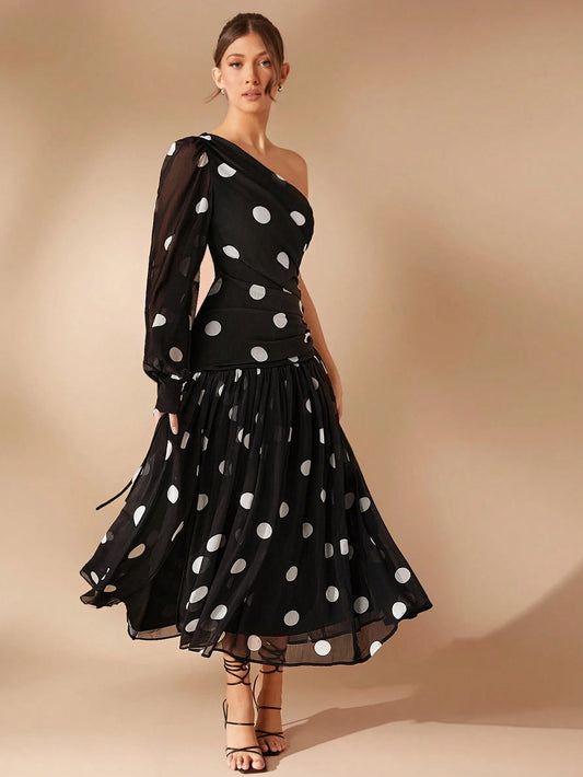 L'Amorae Elegant Polka Dot One Shoulder Long Sleeve Drop Waist Flowy Maxi Dress