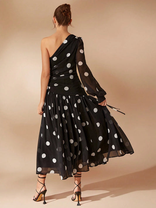 L'Amorae Elegant Polka Dot One Shoulder Long Sleeve Drop Waist Flowy Maxi Dress