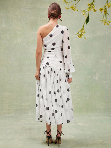 L'Amorae Elegant Polka Dot One Shoulder Long Sleeve Drop Waist Flowy Maxi Dress