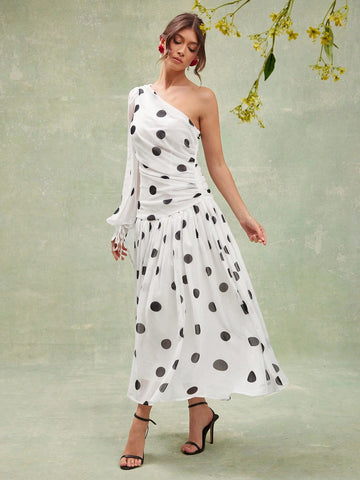 L'Amorae Elegant Polka Dot One Shoulder Long Sleeve Drop Waist Flowy Maxi Dress