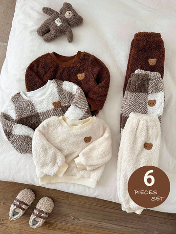 6pcs Baby Boy Knitted Solid Striped Casual Sweatshirt And Pants Set