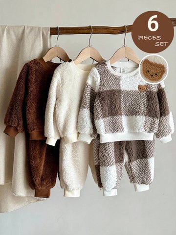 6pcs Baby Boy Knitted Solid Striped Casual Sweatshirt And Pants Set