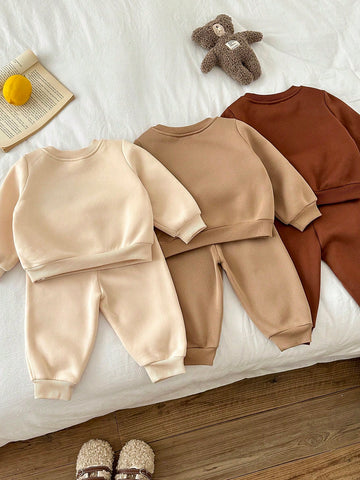 6pcs Baby Boy Knitted Solid Striped Casual Sweatshirt And Pants Set