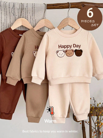 6pcs Baby Boy Knitted Solid Striped Casual Sweatshirt And Pants Set