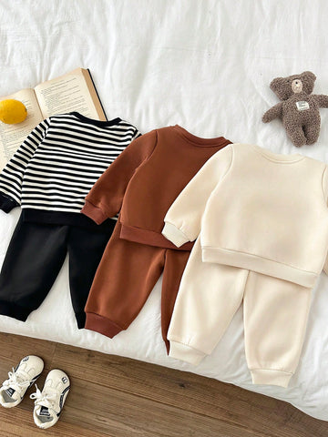 6pcs Baby Boy Knitted Solid Striped Casual Sweatshirt And Pants Set