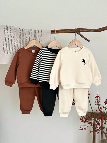 6pcs Baby Boy Knitted Solid Striped Casual Sweatshirt And Pants Set