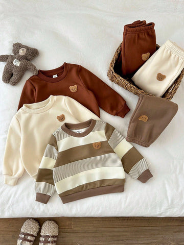 6pcs Baby Boy Knitted Solid Striped Casual Sweatshirt And Pants Set