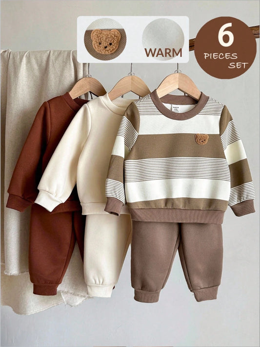 6pcs Baby Boy Knitted Solid Striped Casual Sweatshirt And Pants Set