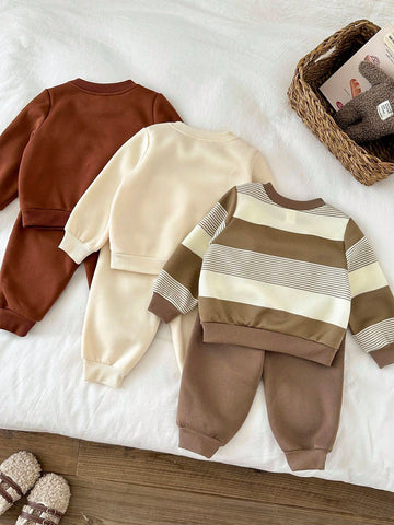 6pcs Baby Boy Knitted Solid Striped Casual Sweatshirt And Pants Set