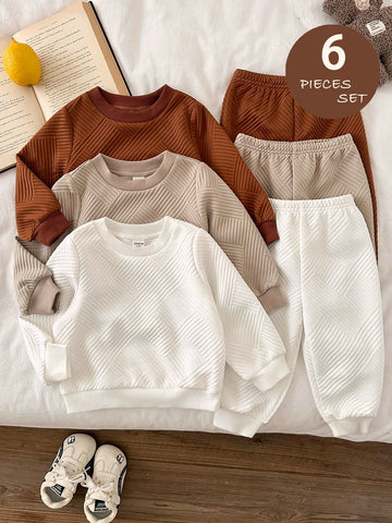 6pcs Baby Boy Knitted Solid Striped Casual Sweatshirt And Pants Set