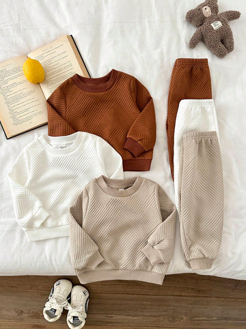 6pcs Baby Boy Knitted Solid Striped Casual Sweatshirt And Pants Set