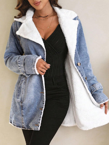 LUNE Lapel Neck Fleece Lined Denim Coat