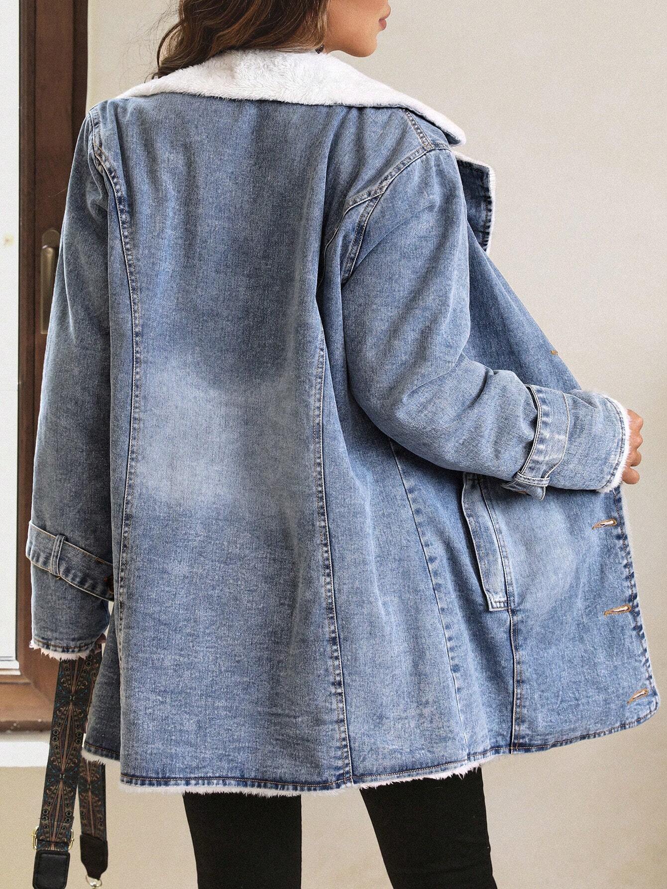 LUNE Lapel Neck Fleece Lined Denim Coat