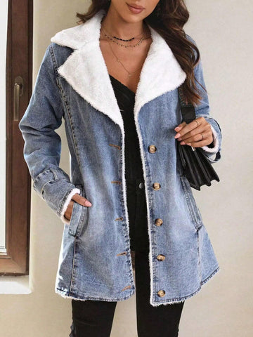 LUNE Lapel Neck Fleece Lined Denim Coat