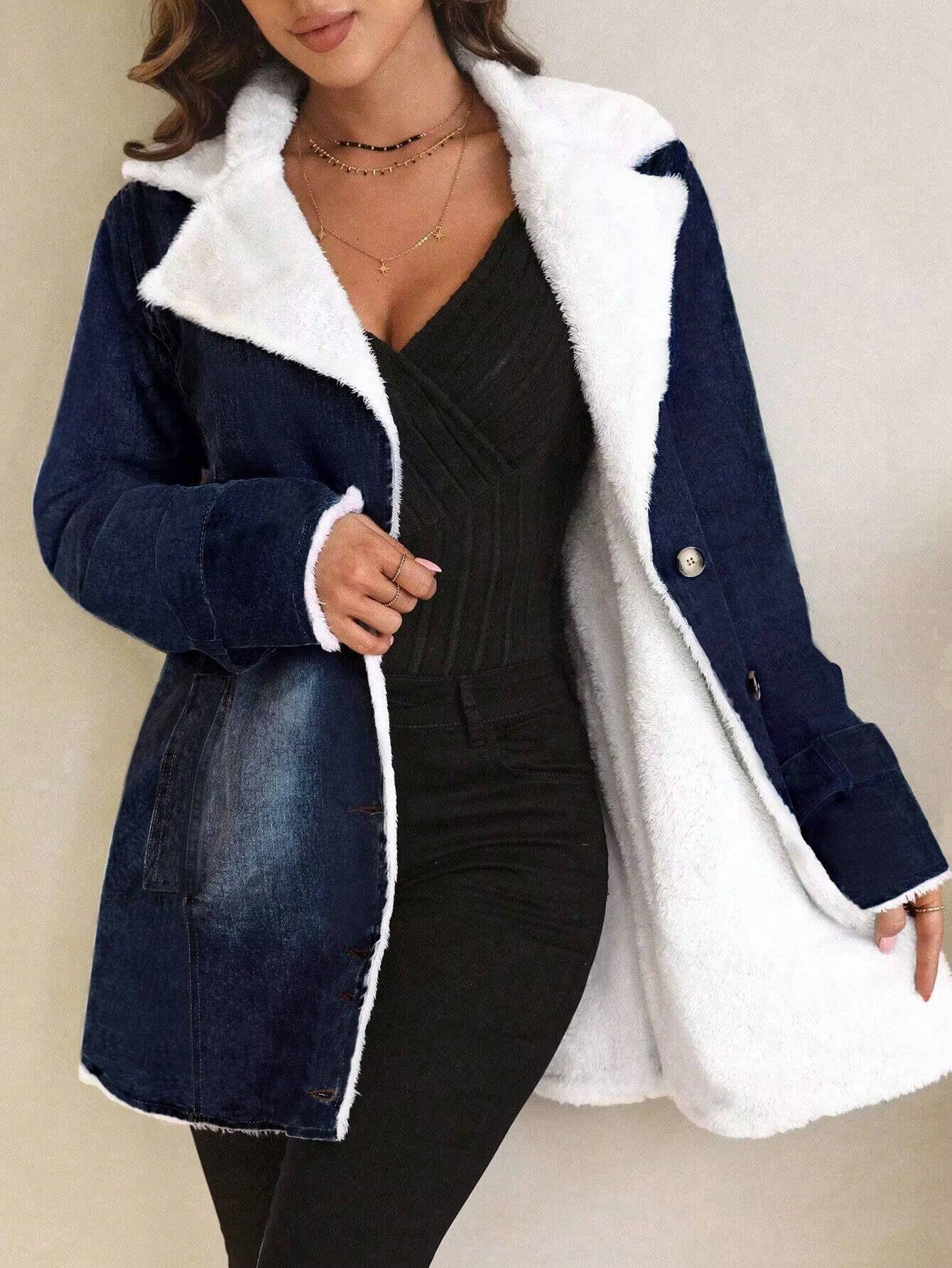 LUNE Lapel Neck Fleece Lined Denim Coat