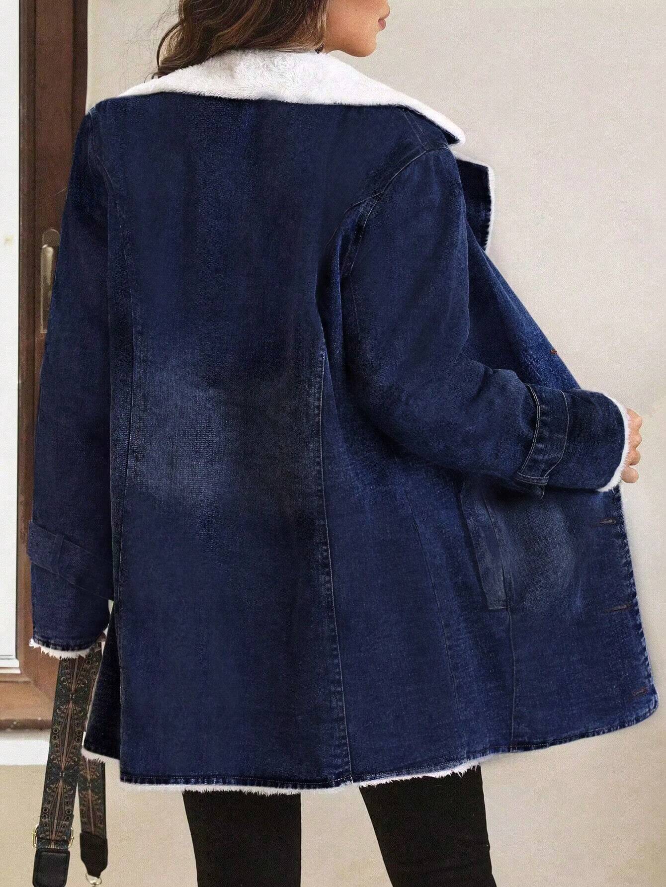 LUNE Lapel Neck Fleece Lined Denim Coat