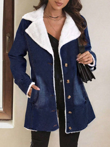 LUNE Lapel Neck Fleece Lined Denim Coat