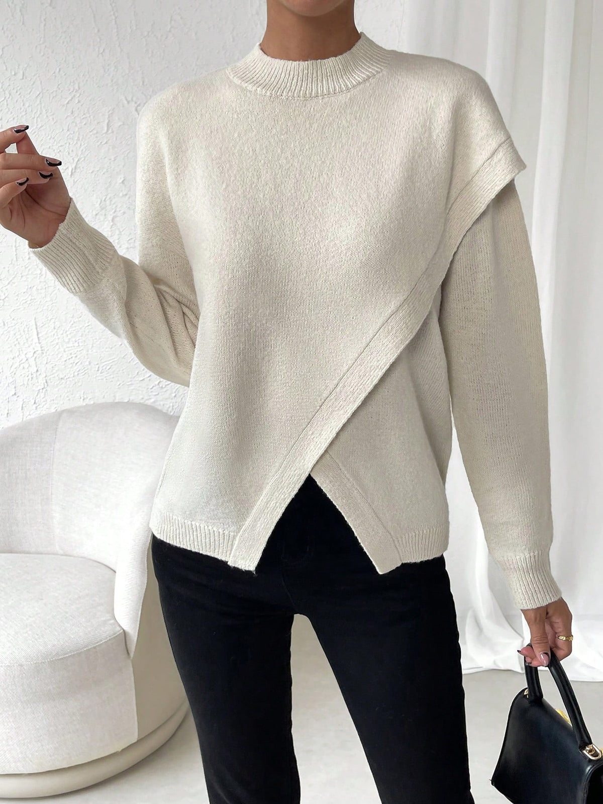 LUNE Solid Drop Shoulder Wrap Detail Sweater