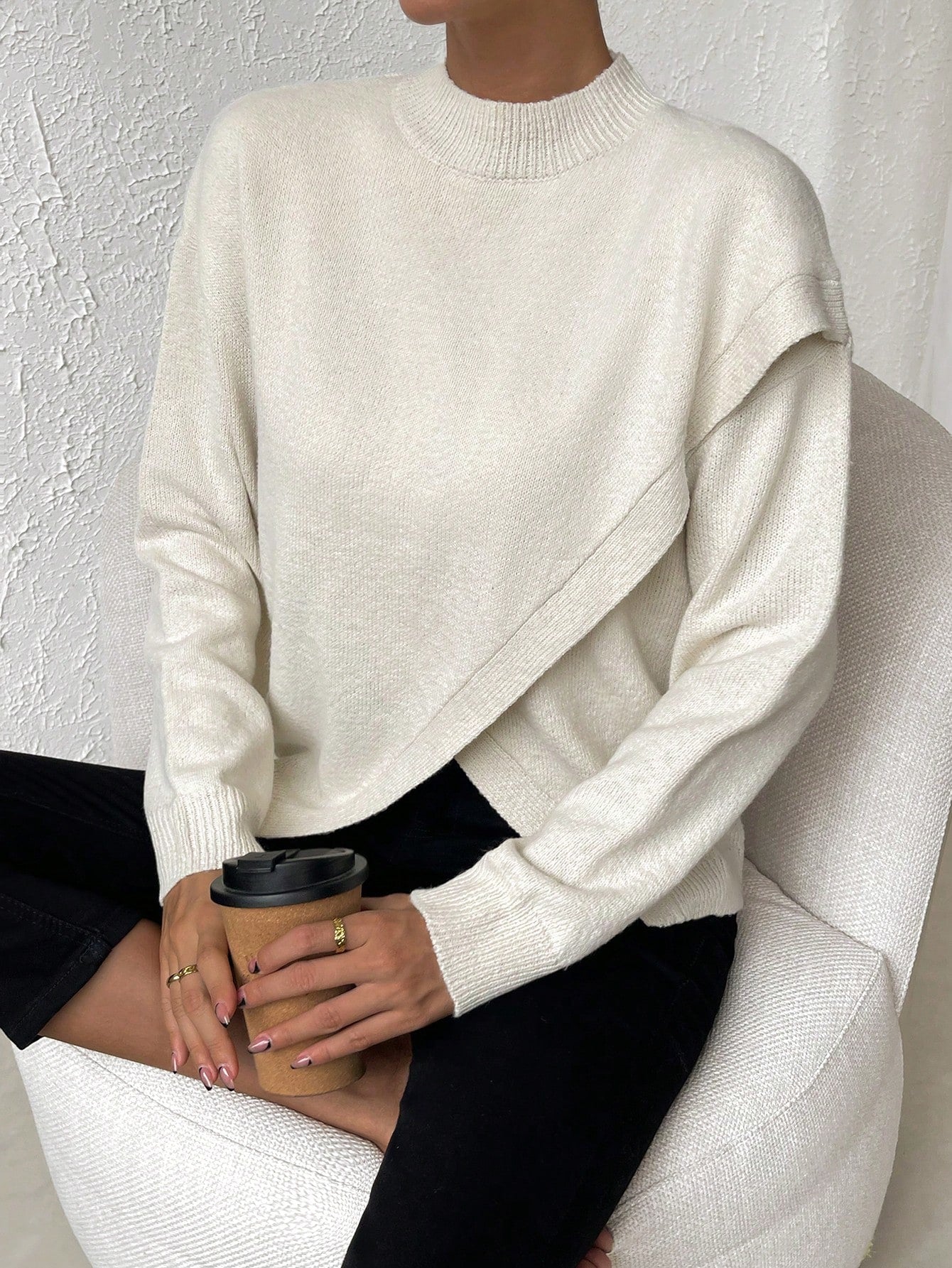 LUNE Solid Drop Shoulder Wrap Detail Sweater