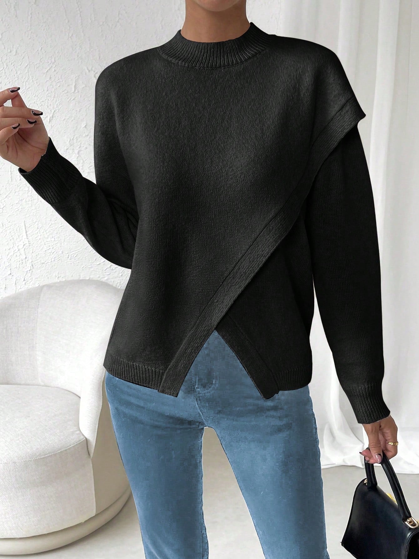 LUNE Solid Drop Shoulder Wrap Detail Sweater