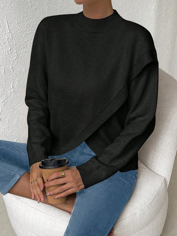 LUNE Solid Drop Shoulder Wrap Detail Sweater