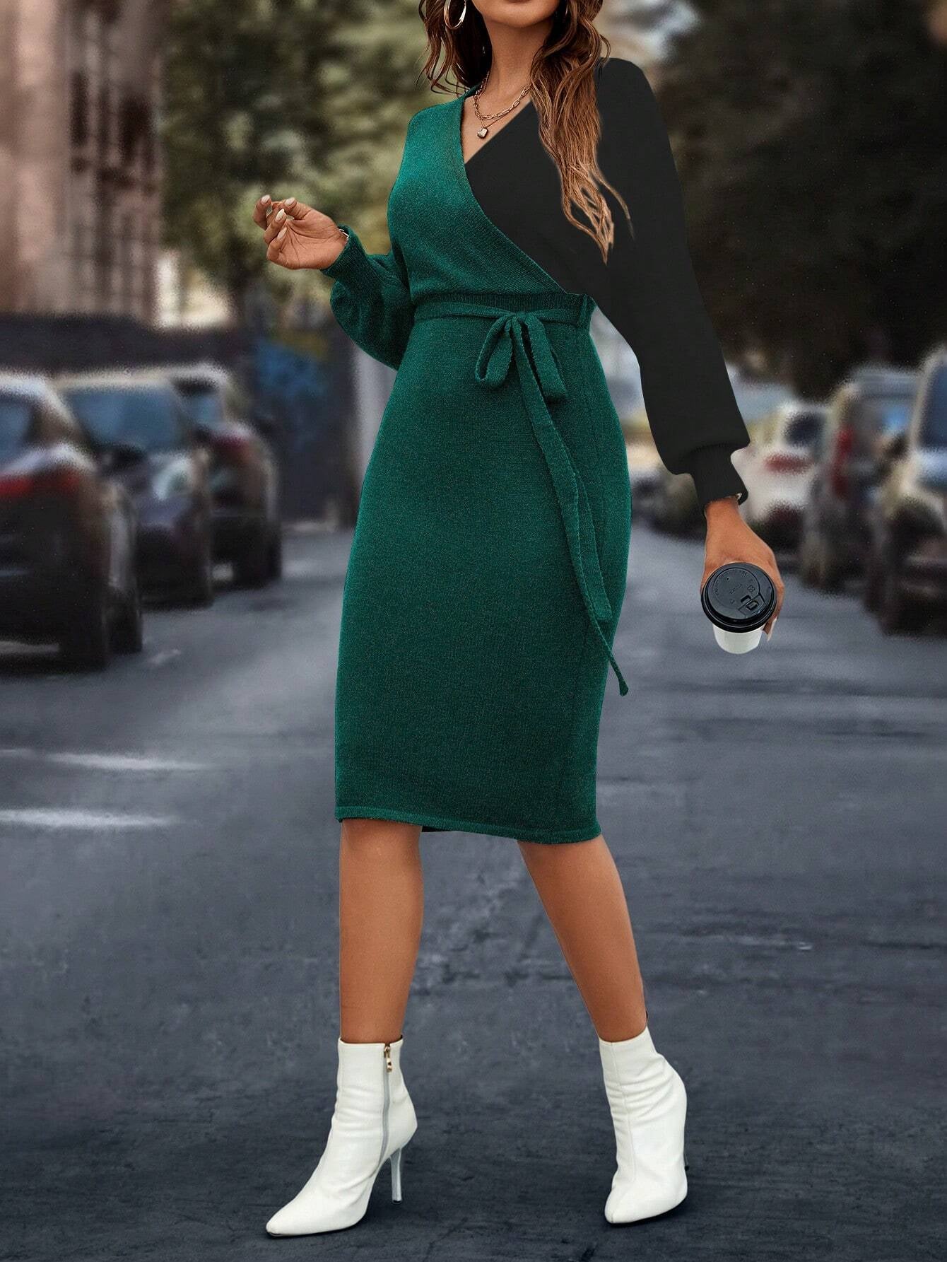 LUNE Two Tone Surplice Neck Belted Sweater Dress