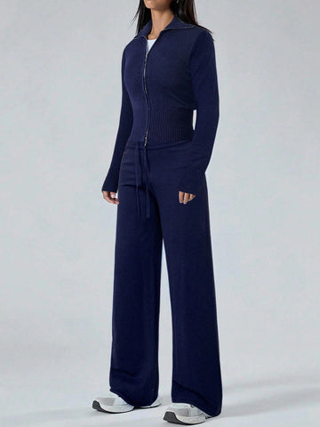 Women's Solid Color Zip Collar Long Sleeve Sweater Cardigan And Knit Pants