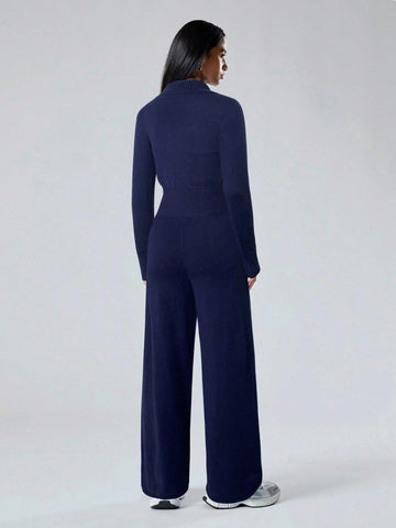 Women's Solid Color Zip Collar Long Sleeve Sweater Cardigan And Knit Pants